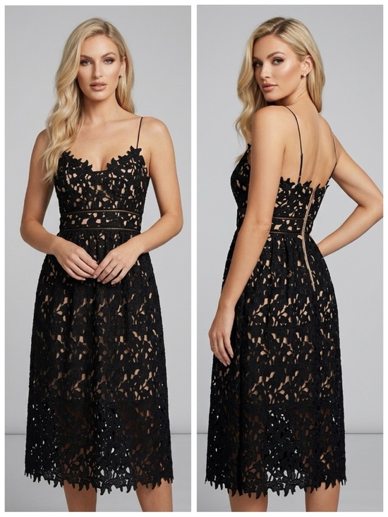 Sans Souci Dresses & Skirts - Sans Souci Floral Lace Overlay Midi Dress M Crochet Lined Black Party Wedding